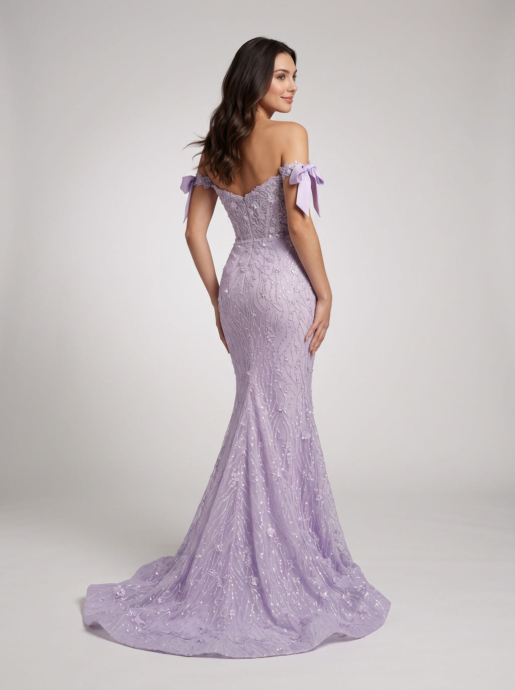 Lilac Lace Mermaid Off-the-Shoulder Back Zip Floor-Length Dress with Sweeping Train - Curvevia