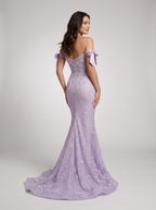 Lilac Lace Mermaid Off-the-Shoulder Back Zip Floor-Length Dress with Sweeping Train - Curvevia