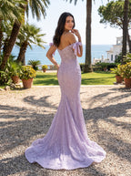 Lilac Lace Mermaid Off-the-Shoulder Back Zip Floor-Length Dress with Sweeping Train - Curvevia