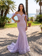 Lilac Lace Mermaid Off-the-Shoulder Back Zip Floor-Length Dress with Sweeping Train - Curvevia