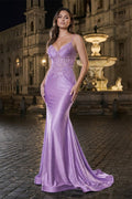 Red Mermaid Spaghetti Straps Beaded Satin Long Prom Dresses With Appliques - Curvevia
