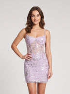 Lilac Mesh A-Line Scoop Neck Lace-up Short Dress with 3D Flowers - Curvevia