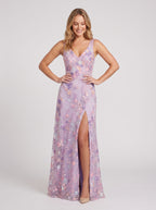 Lilac Mesh A-Line V-Neck Back Zip Floor-Length Dress with Floral Applique - Curvevia