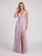 Lilac Mesh A-Line V-Neck Back Zip Floor-Length Dress with Floral Applique - Curvevia