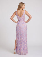 Lilac Mesh A-Line V-Neck Back Zip Floor-Length Dress with Floral Applique - Curvevia