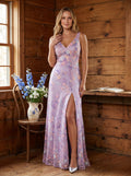 Lilac Mesh A-Line V-Neck Back Zip Floor-Length Dress with Floral Applique - Curvevia