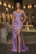 Burgundy Off The Shoulder Mermaid Beaded Satin Long Prom Dresses With Appliques - Curvevia
