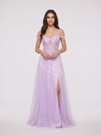 Lilac Tulle A-Line Off-the-Shoulder Lace-up Floor-Length Dress with Embroidered Corset and High Slit - Curvevia