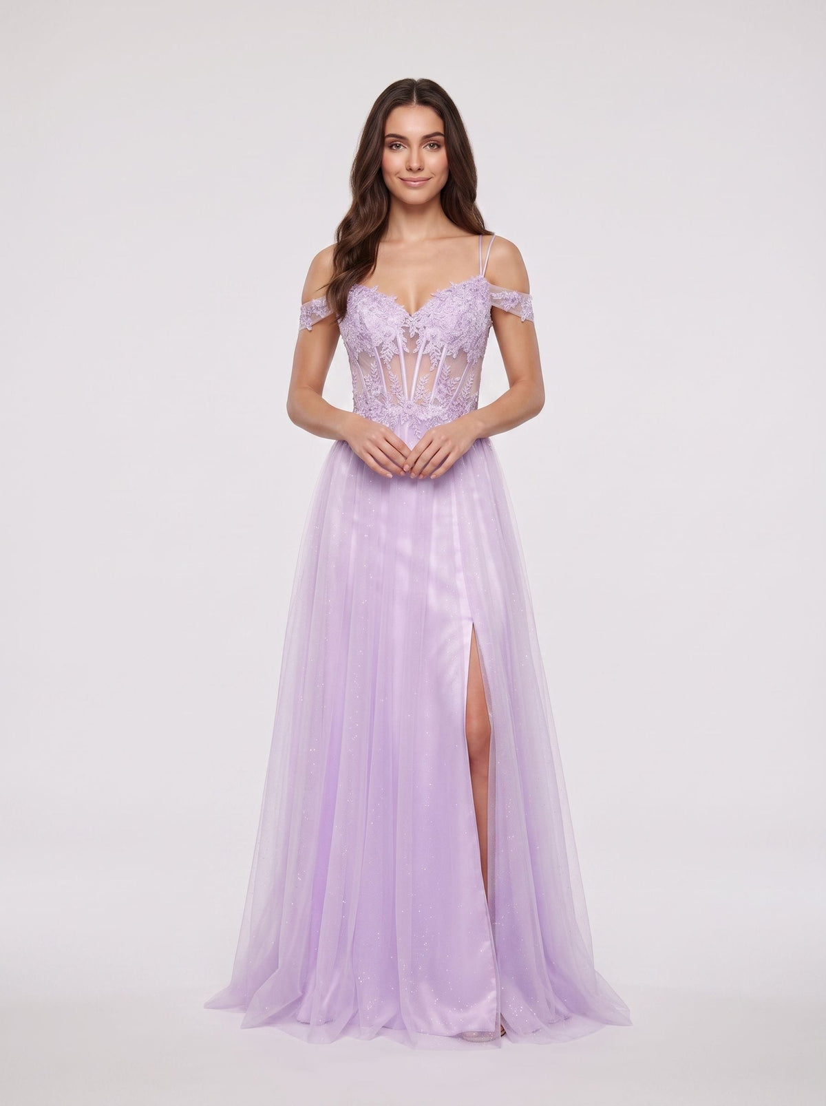 Lilac Tulle A-Line Off-the-Shoulder Lace-up Floor-Length Dress with Embroidered Corset and High Slit - Curvevia