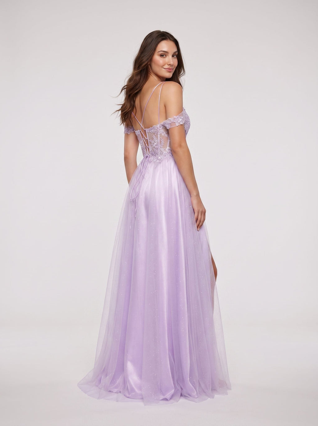 Lilac Tulle A-Line Off-the-Shoulder Lace-up Floor-Length Dress with Embroidered Corset and High Slit - Curvevia