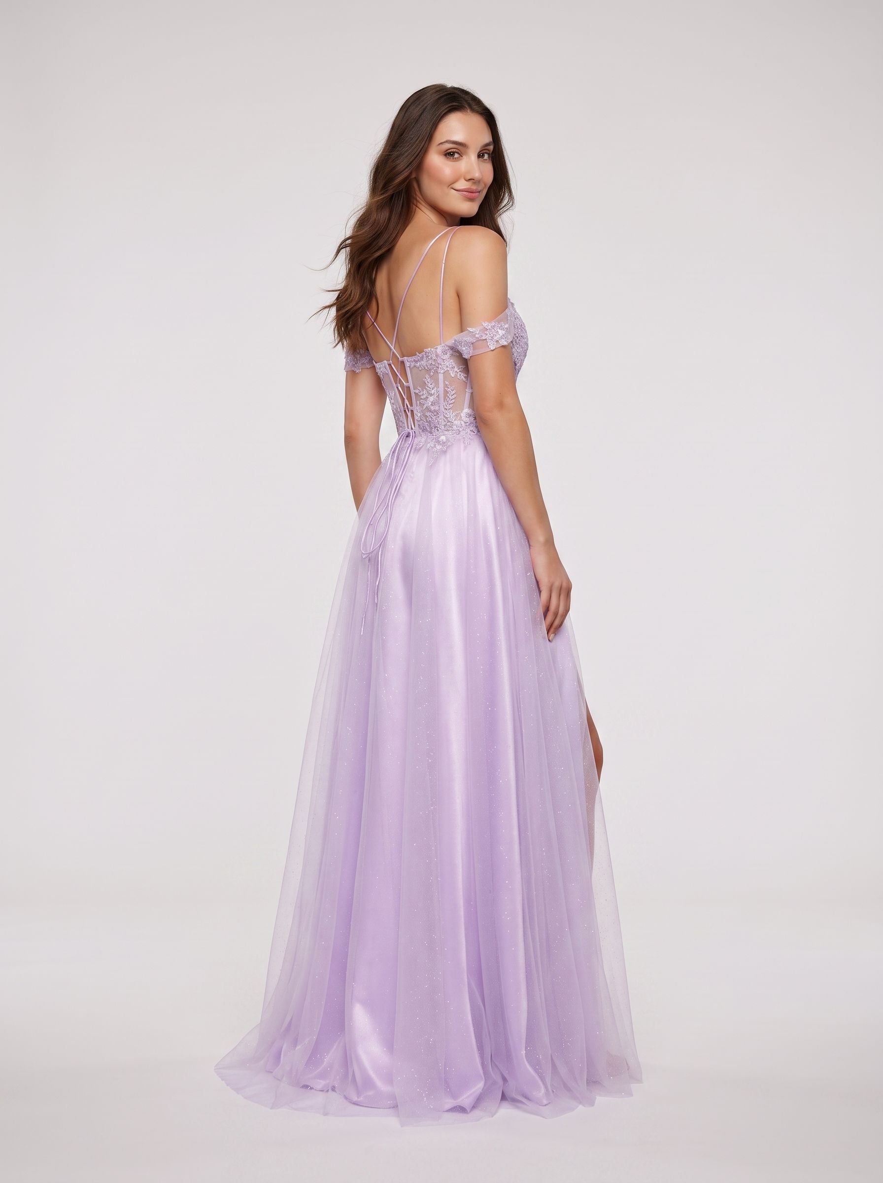 Lilac Tulle A-Line Off-the-Shoulder Lace-up Floor-Length Dress with Embroidered Corset and High Slit - Curvevia