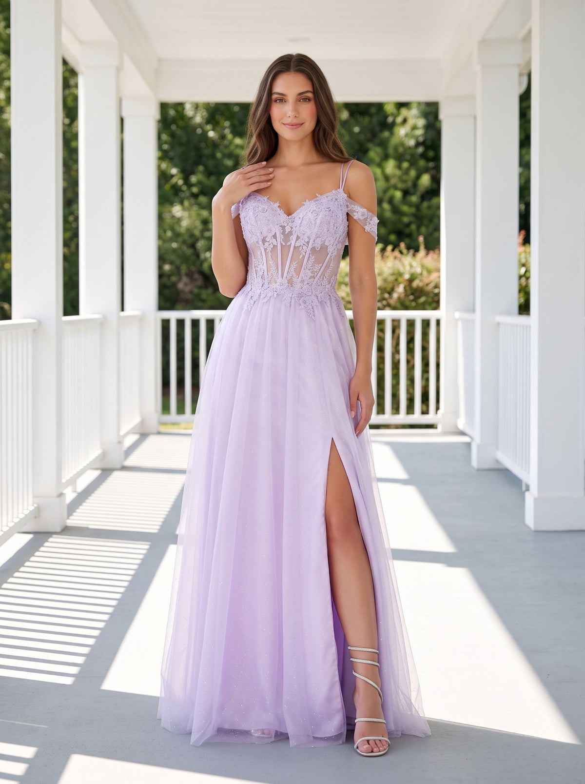 Lilac Tulle A-Line Off-the-Shoulder Lace-up Floor-Length Dress with Embroidered Corset and High Slit - Curvevia