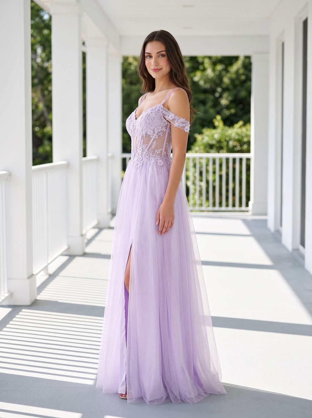 Lilac Tulle A-Line Off-the-Shoulder Lace-up Floor-Length Dress with Embroidered Corset and High Slit - Curvevia