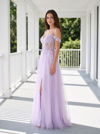 Lilac Tulle A-Line Off-the-Shoulder Lace-up Floor-Length Dress with Embroidered Corset and High Slit - Curvevia