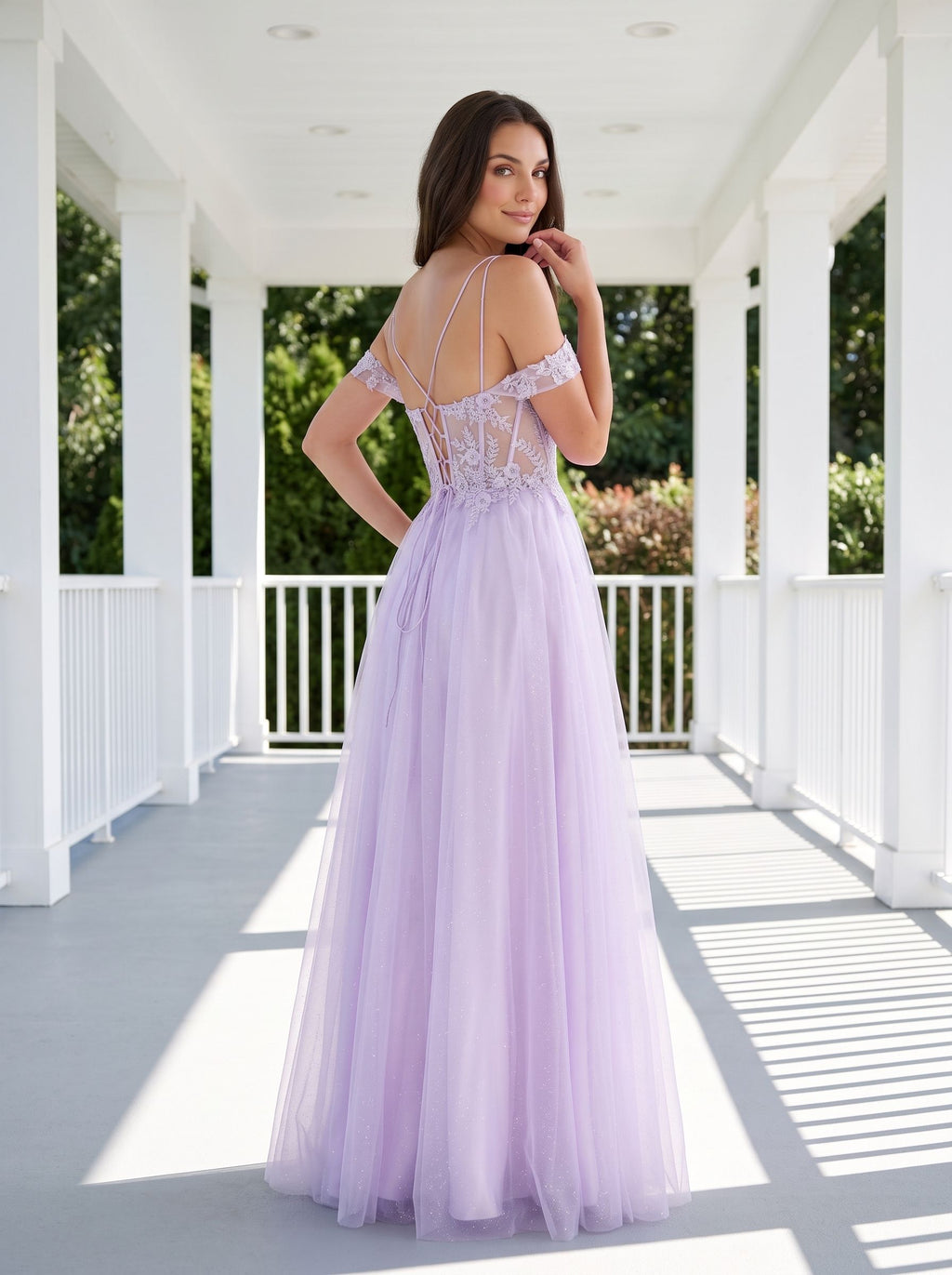 Lilac Tulle A-Line Off-the-Shoulder Lace-up Floor-Length Dress with Embroidered Corset and High Slit - Curvevia