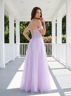 Lilac Tulle A-Line Off-the-Shoulder Lace-up Floor-Length Dress with Embroidered Corset and High Slit - Curvevia