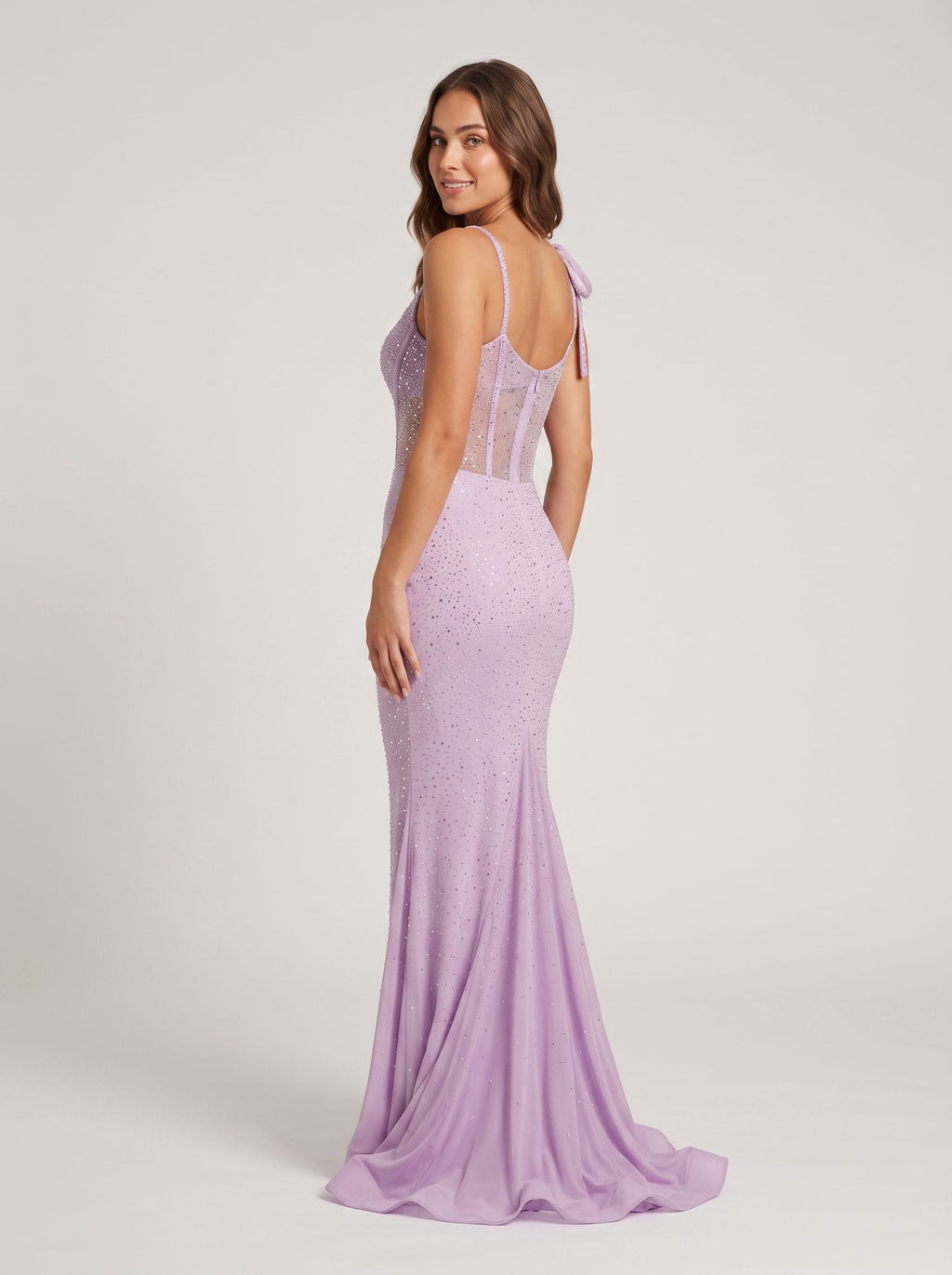 Lilac Beaded Mesh Sheath One Shoulder Corset Back Floor-Length Dress with High Slit - Curvevia