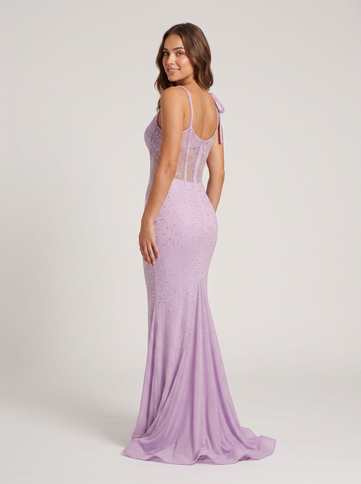 Lilac Beaded Mesh Sheath One Shoulder Corset Back Floor-Length Dress with High Slit - Curvevia