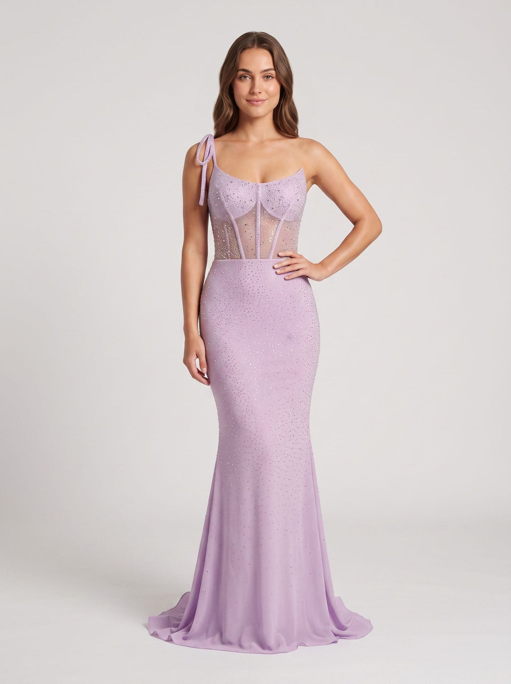 Lilac Beaded Mesh Sheath One Shoulder Corset Back Floor-Length Dress with High Slit - Curvevia