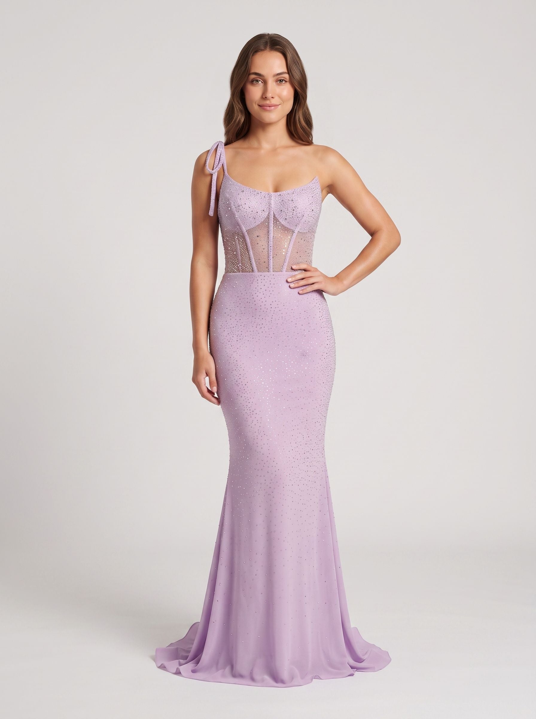 Lilac Beaded Mesh Sheath One Shoulder Corset Back Floor-Length Dress with High Slit - Curvevia