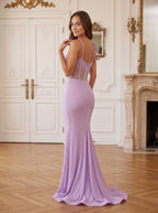 Lilac Beaded Mesh Sheath One Shoulder Corset Back Floor-Length Dress with High Slit - Curvevia