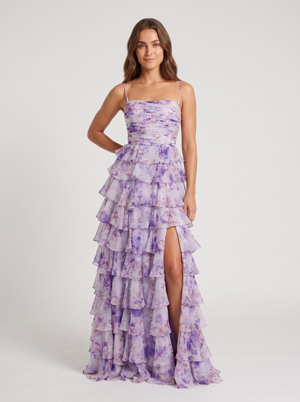 Purple Print Chiffon A-Line Straight Neck Back Zip Floor-Length Dress with Ruched Bodice and Ruffled Skirt - Curvevia