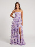 Purple Print Chiffon A-Line Straight Neck Back Zip Floor-Length Dress with Ruched Bodice and Ruffled Skirt - Curvevia