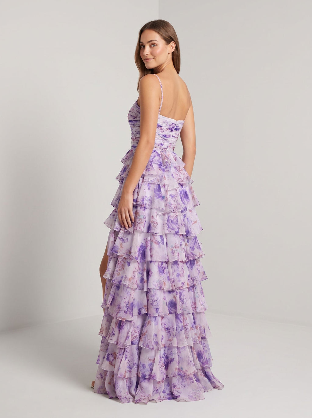 Purple Print Chiffon A-Line Straight Neck Back Zip Floor-Length Dress with Ruched Bodice and Ruffled Skirt - Curvevia