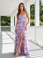 Purple Print Chiffon A-Line Straight Neck Back Zip Floor-Length Dress with Ruched Bodice and Ruffled Skirt - Curvevia