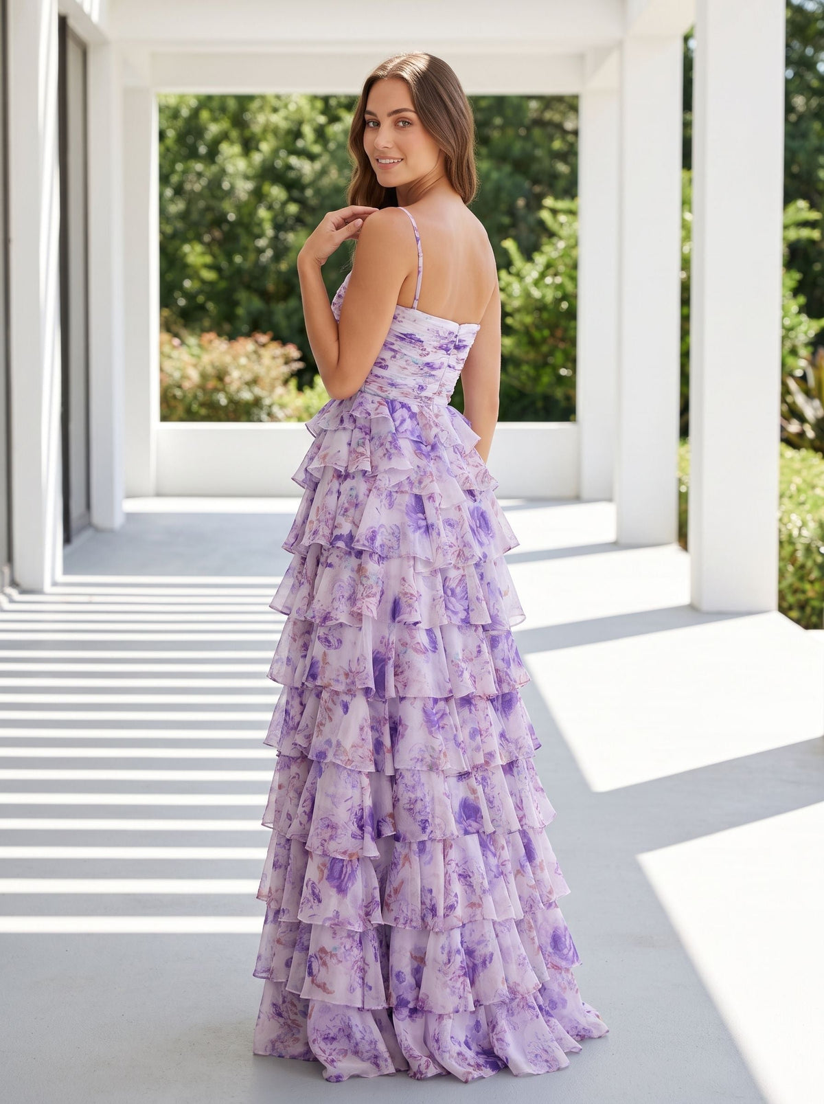 Purple Print Chiffon A-Line Straight Neck Back Zip Floor-Length Dress with Ruched Bodice and Ruffled Skirt - Curvevia