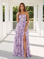 Purple Print Chiffon A-Line Straight Neck Back Zip Floor-Length Dress with Ruched Bodice and Ruffled Skirt - Curvevia