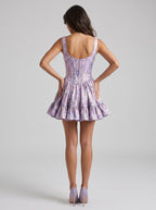 Purple Satin A-Line Scoop Neck Back Zip Short Dress with Ruffle - Curvevia