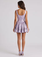 Purple Satin A-Line Scoop Neck Back Zip Short Dress with Ruffle - Curvevia
