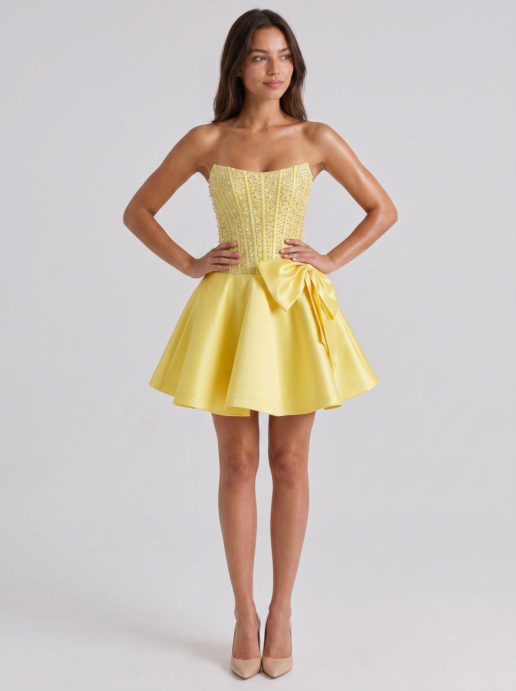 Daffodil Satin A-Line Straight Neck Back Zip Short Dress with Pearl Beaded Bodice - Curvevia