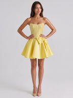 Daffodil Satin A-Line Straight Neck Back Zip Short Dress with Pearl Beaded Bodice - Curvevia