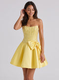 Daffodil Satin A-Line Straight Neck Back Zip Short Dress with Pearl Beaded Bodice - Curvevia