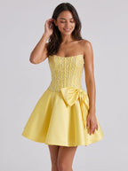 Daffodil Satin A-Line Straight Neck Back Zip Short Dress with Pearl Beaded Bodice - Curvevia