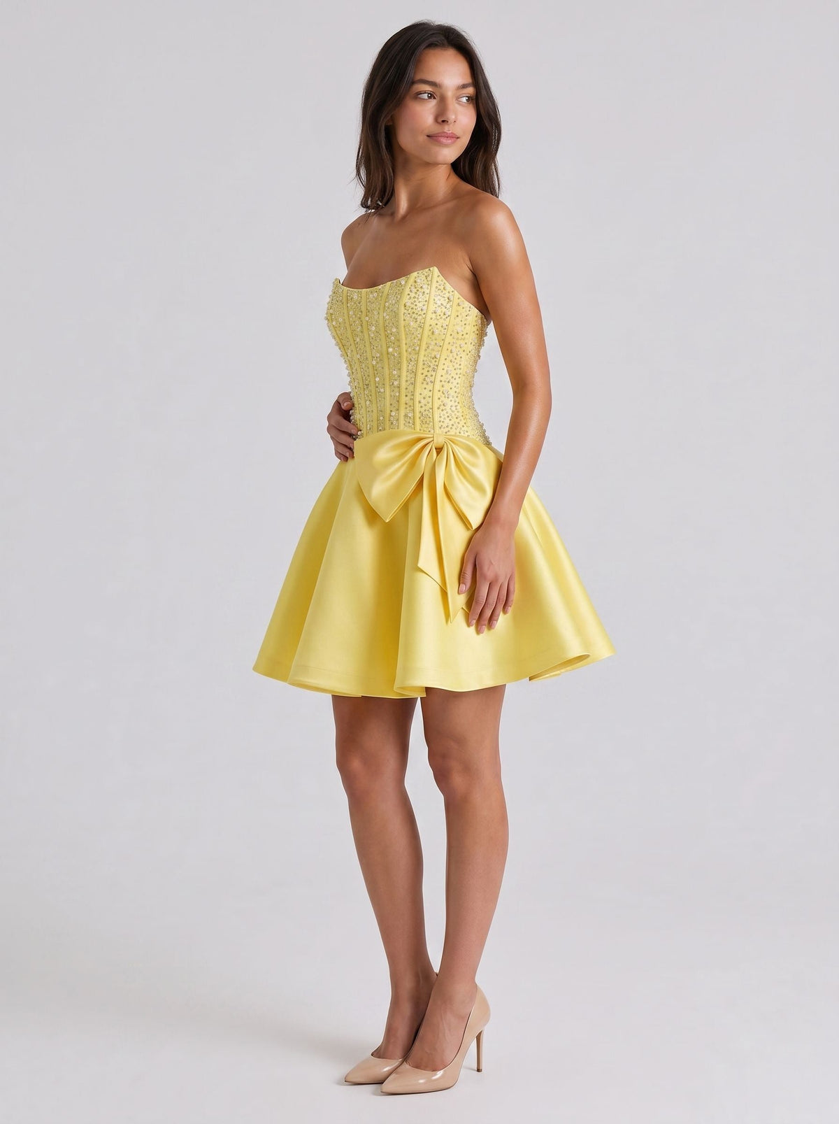 Daffodil Satin A-Line Straight Neck Back Zip Short Dress with Pearl Beaded Bodice - Curvevia
