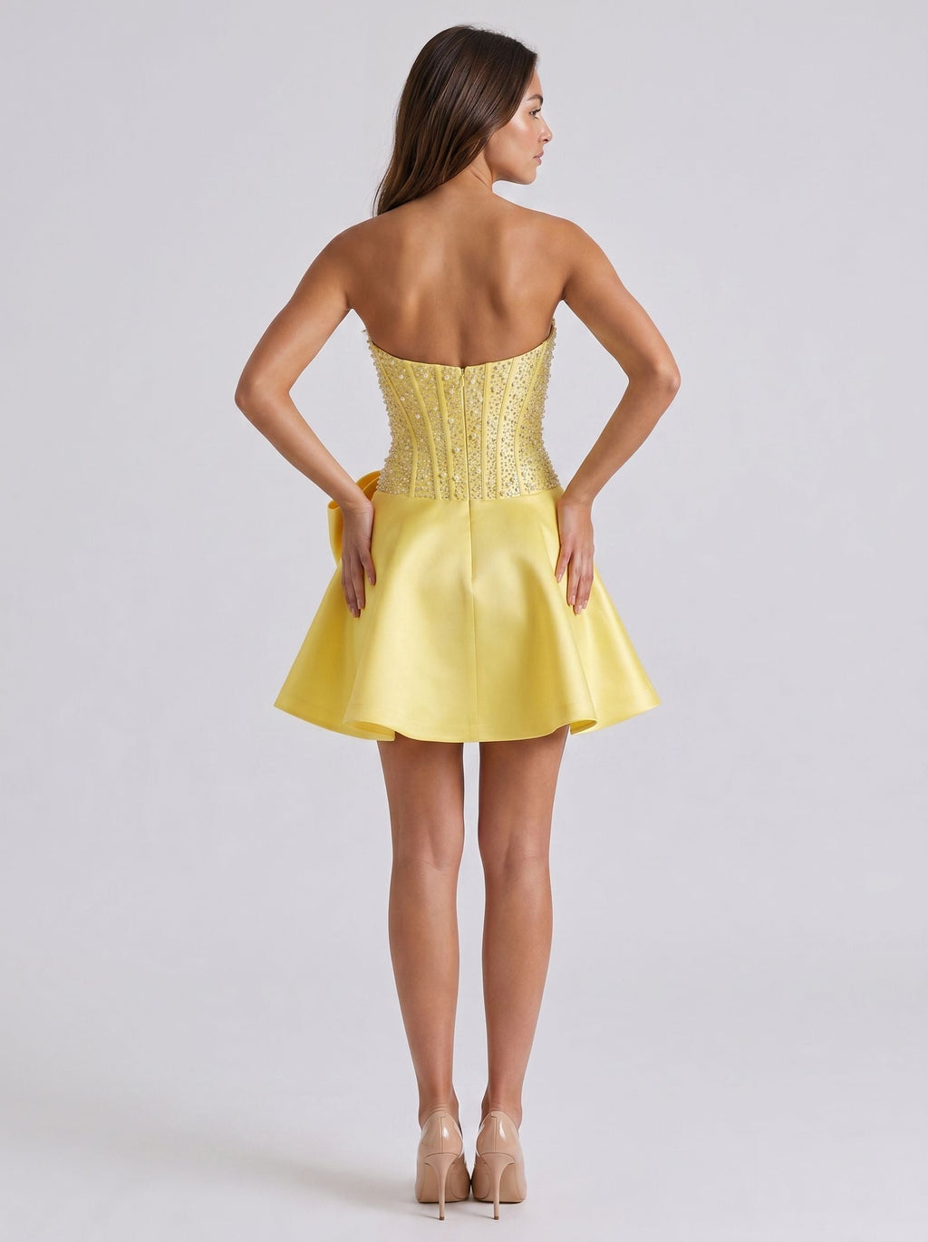Daffodil Satin A-Line Straight Neck Back Zip Short Dress with Pearl Beaded Bodice - Curvevia