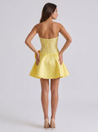 Daffodil Satin A-Line Straight Neck Back Zip Short Dress with Pearl Beaded Bodice - Curvevia