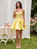 Daffodil Satin A-Line Straight Neck Back Zip Short Dress with Pearl Beaded Bodice - Curvevia