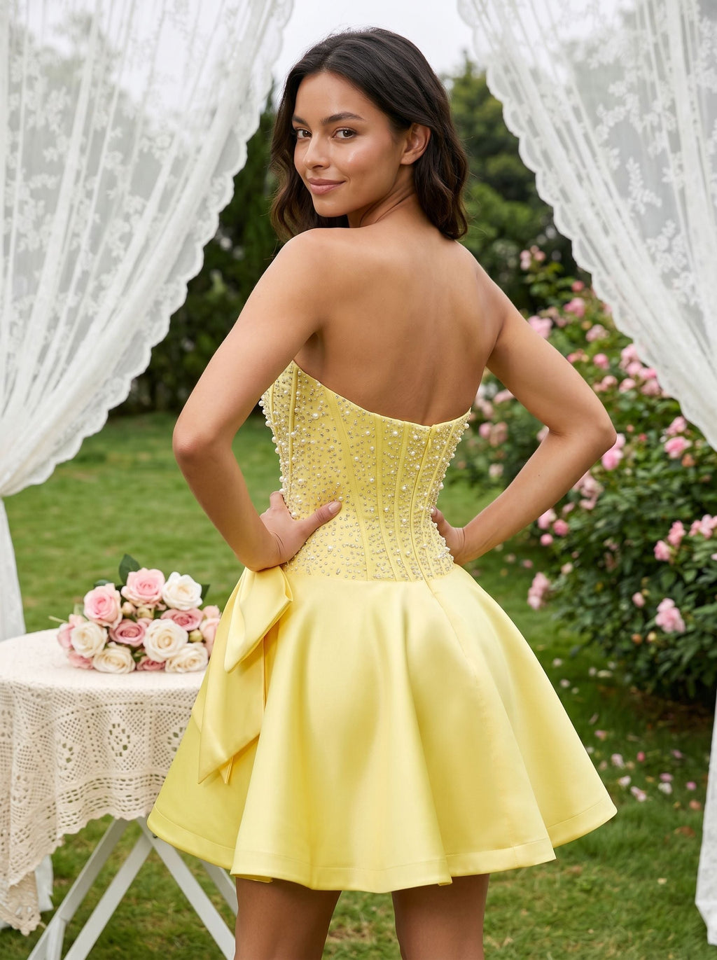 Daffodil Satin A-Line Straight Neck Back Zip Short Dress with Pearl Beaded Bodice - Curvevia