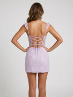 Lilac Satin Sheath Off-Shoulder Criss-Cross Straps Short Dress with Side Slit - Curvevia