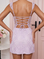 Lilac Satin Sheath Off-Shoulder Criss-Cross Straps Short Dress with Side Slit - Curvevia