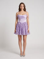 Lilac Sequins A-Line Cowl Neck Back Zip Short Dress with 3D Flowers - Curvevia