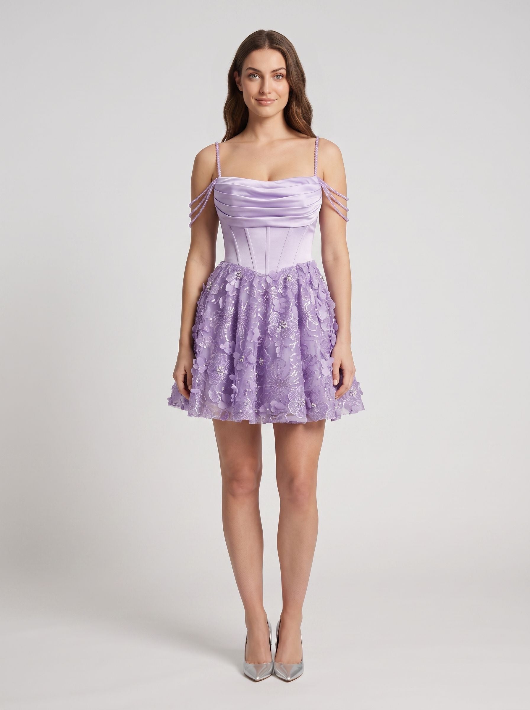 Lilac Sequins A-Line Cowl Neck Back Zip Short Dress with 3D Flowers - Curvevia