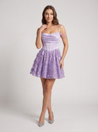Lilac Sequins A-Line Cowl Neck Back Zip Short Dress with 3D Flowers - Curvevia