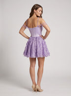 Lilac Sequins A-Line Cowl Neck Back Zip Short Dress with 3D Flowers - Curvevia