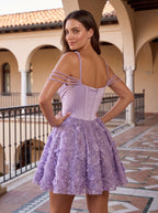 Lilac Sequins A-Line Cowl Neck Back Zip Short Dress with 3D Flowers - Curvevia