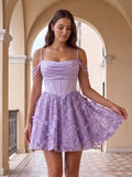 Lilac Sequins A-Line Cowl Neck Back Zip Short Dress with 3D Flowers - Curvevia